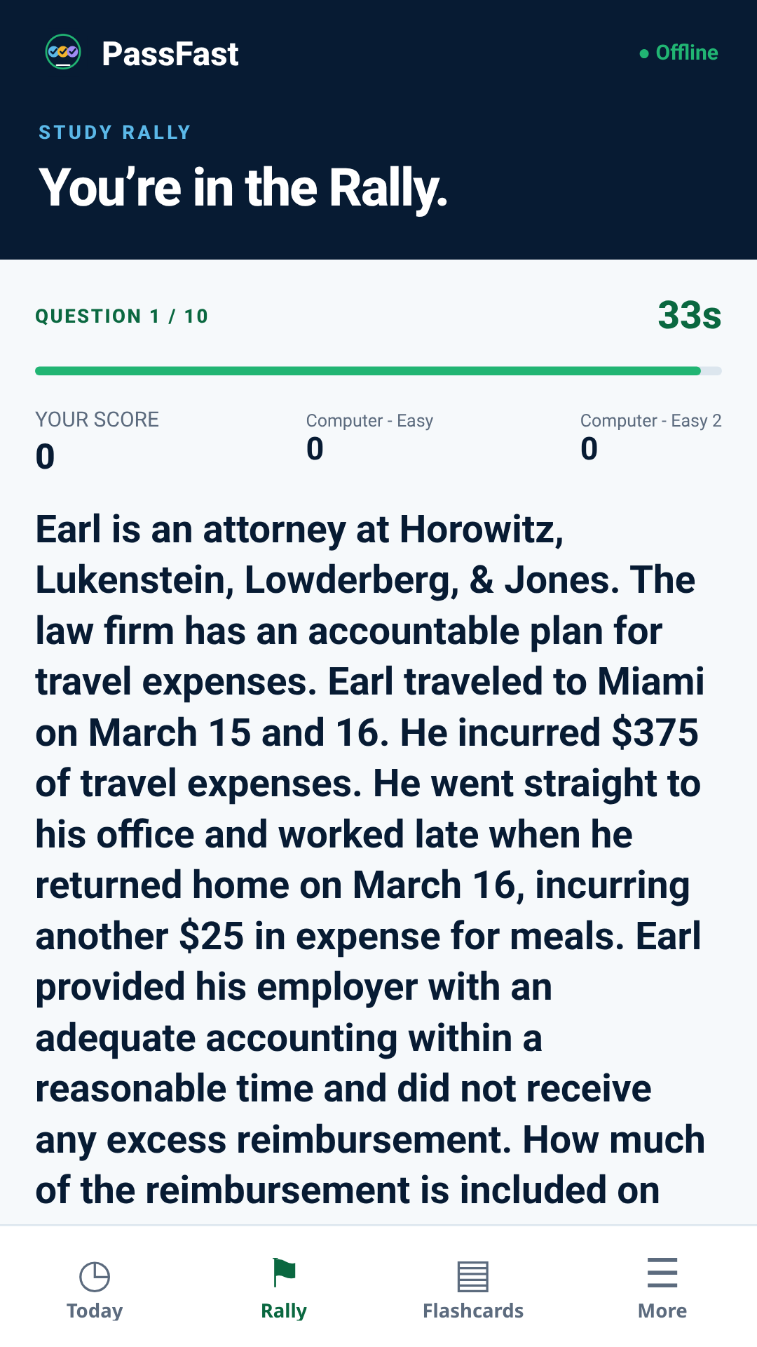 App preview: a Rally question with answer choices, a timer, and computer opponents.