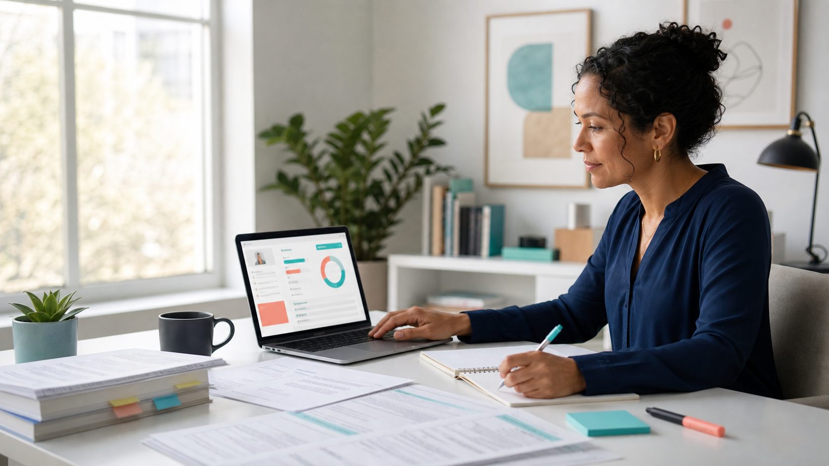 Tax professional reviewing work at a desk