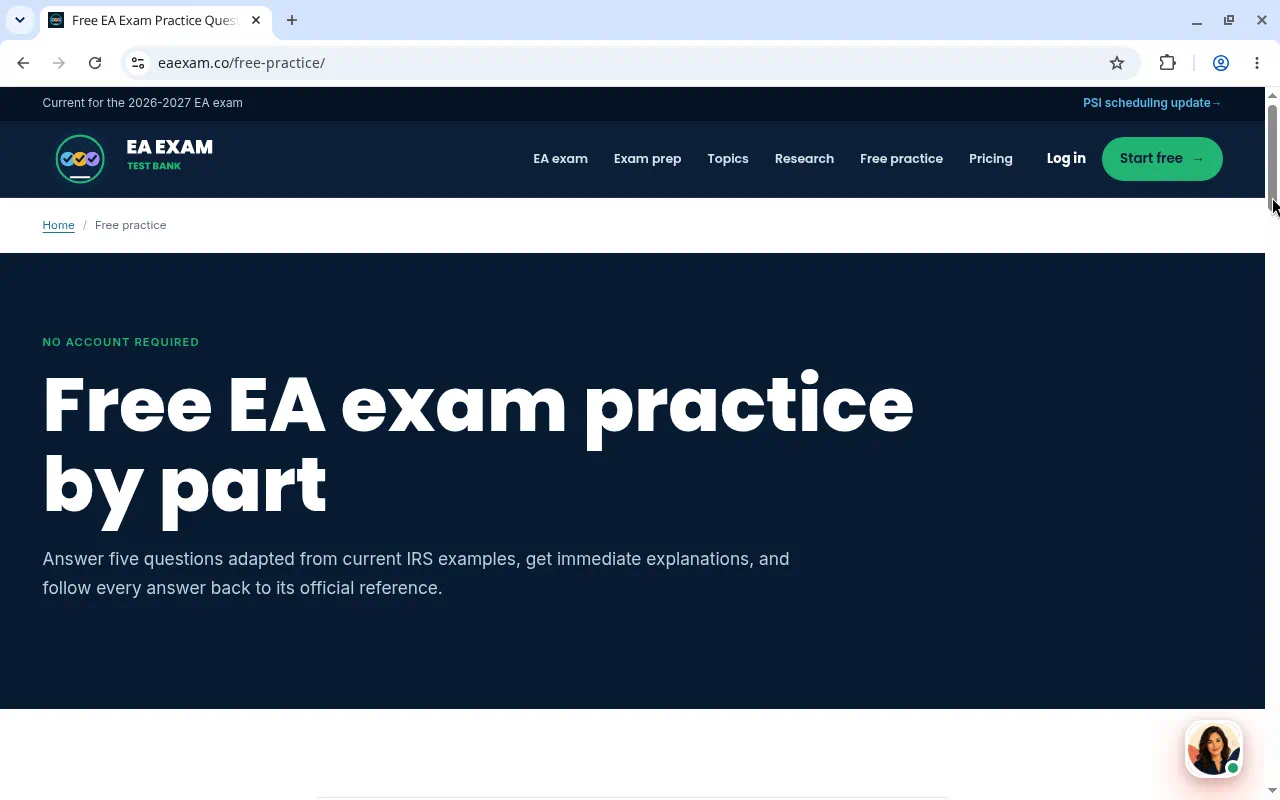 Free practice page for choosing an exam part, before any question.
