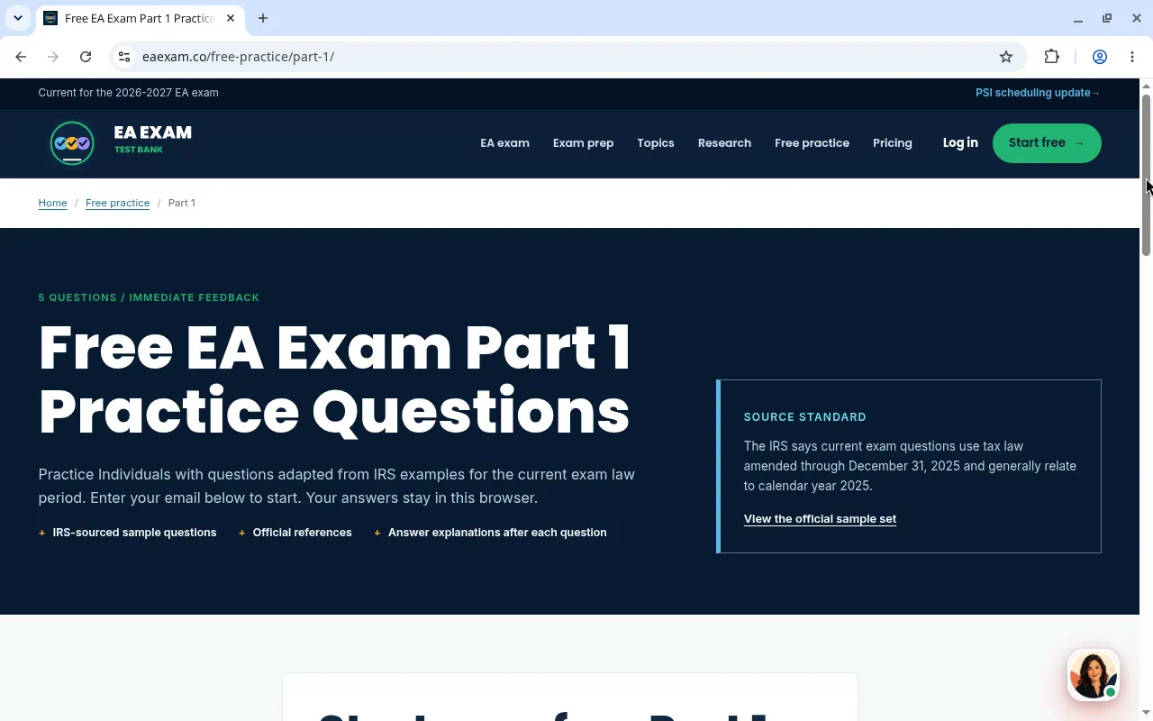 Free Part 1 practice entry page with an email field to start.