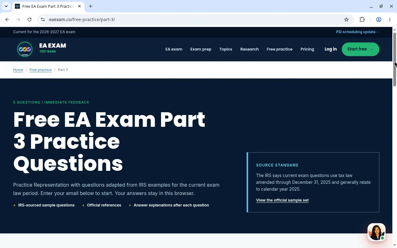 Free Part 3 practice entry page with an email field to start.