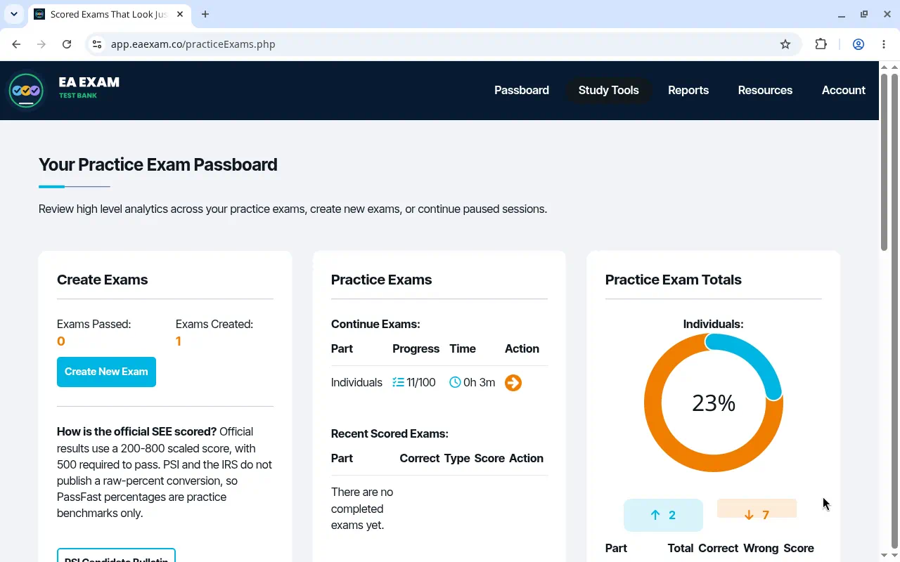 Practice exam passboard with Create New Exam and an exam listed to continue.