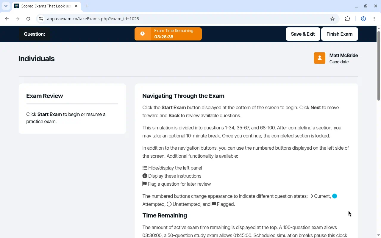 Practice exam resume screen with Start Exam instructions, Save and Exit, and Finish Exam.