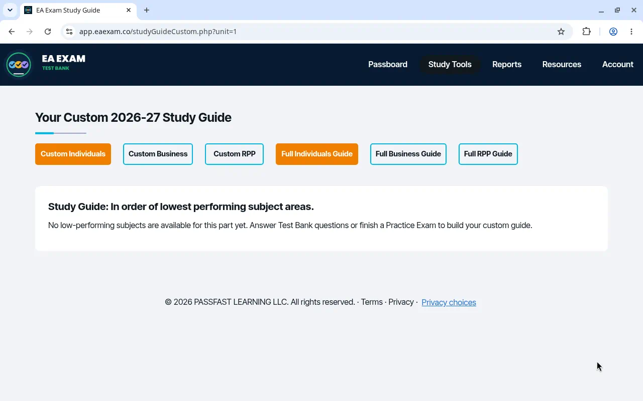 Custom study guide with part buttons and a note that no lowest performing subjects are available yet.
